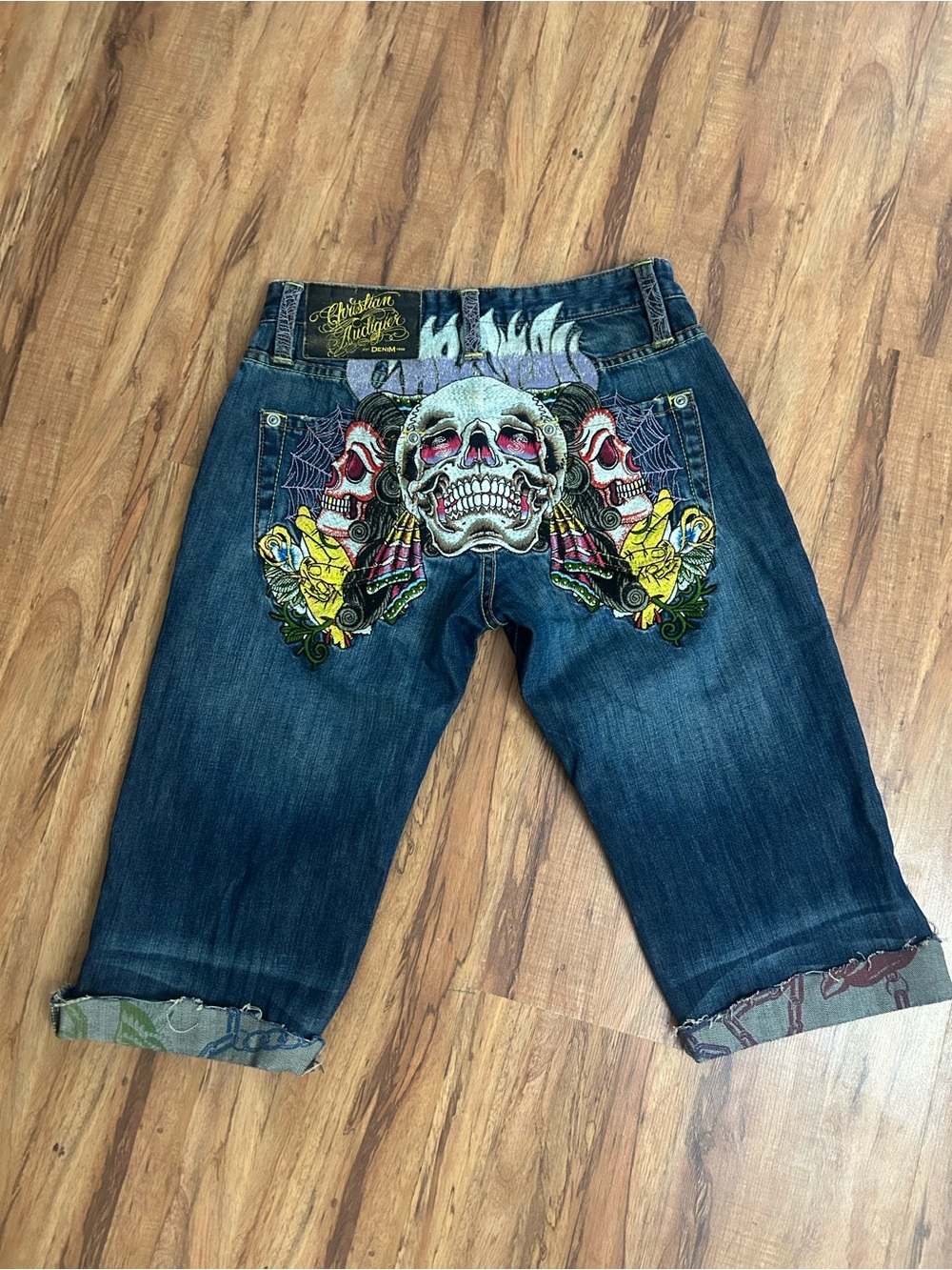 Christian Audigier Skull Embroidered Y2K Denim Jean Capri Shorts Mens Size 30